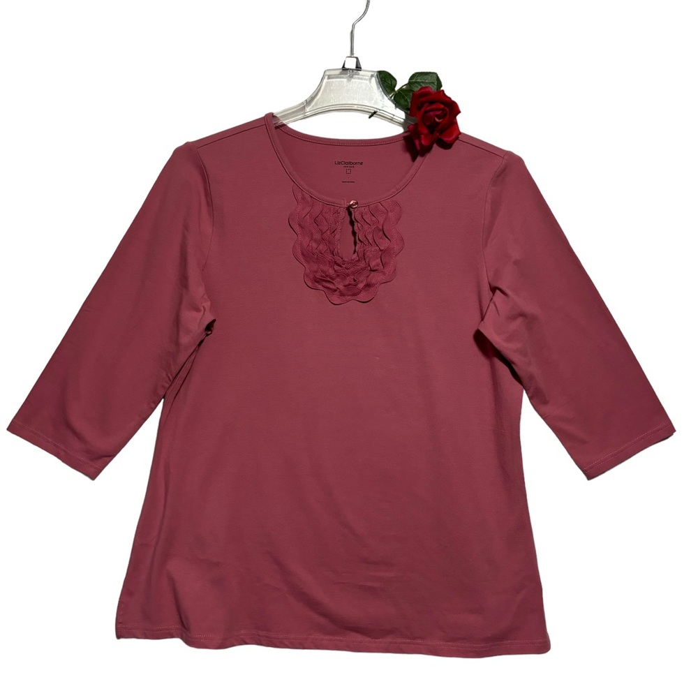 Liz Claiborne NY Top Rick Rack Keyhole 3/4 Sleeves LG EUC